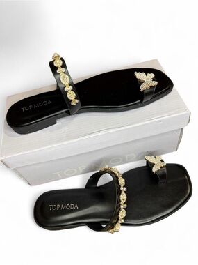 TOP Moda Black Sandals with Gold Crystal Accents
